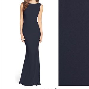 Katie May Vionnet Drape Back Crepe Gown in Navy